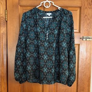 J Jill Women’s Black Teal Patterned Long-Sleeve Blouse medium